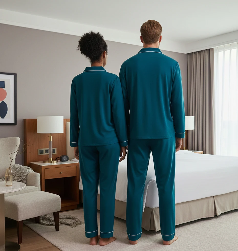 Luxury Couple Pajamas Set Long Sleeve Solid Teal Pajamas Unisex Soft Satin Sleepwear Two Piece Home Wear for Men and Women
