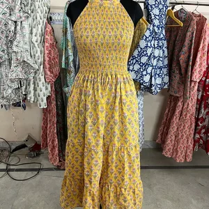 Hand Block Printed Indian Cotton Maxi Dress Breathable Gown with Natural Waistline Tie Dye Woven Technique