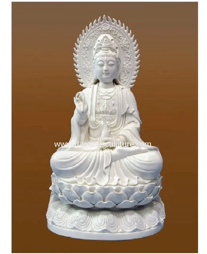Vietnam Natural Marble Kuan Yin Buddha Sitting on lion Statue Stone Garden Decoration
