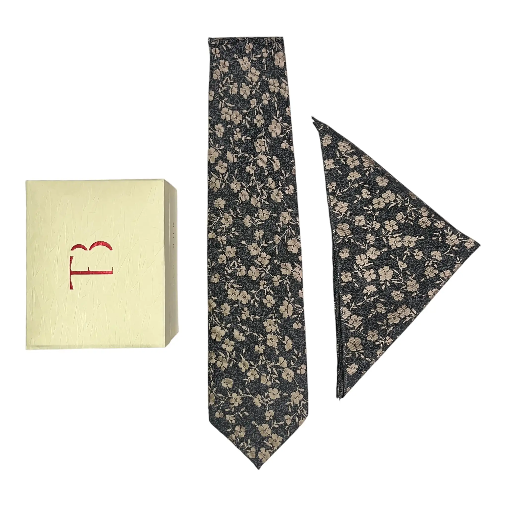 Tie Benon Floral Broad Cashmere Clothing Accessories Combo Tie and Pocket Square in Maroon/Silver/Dark Grey