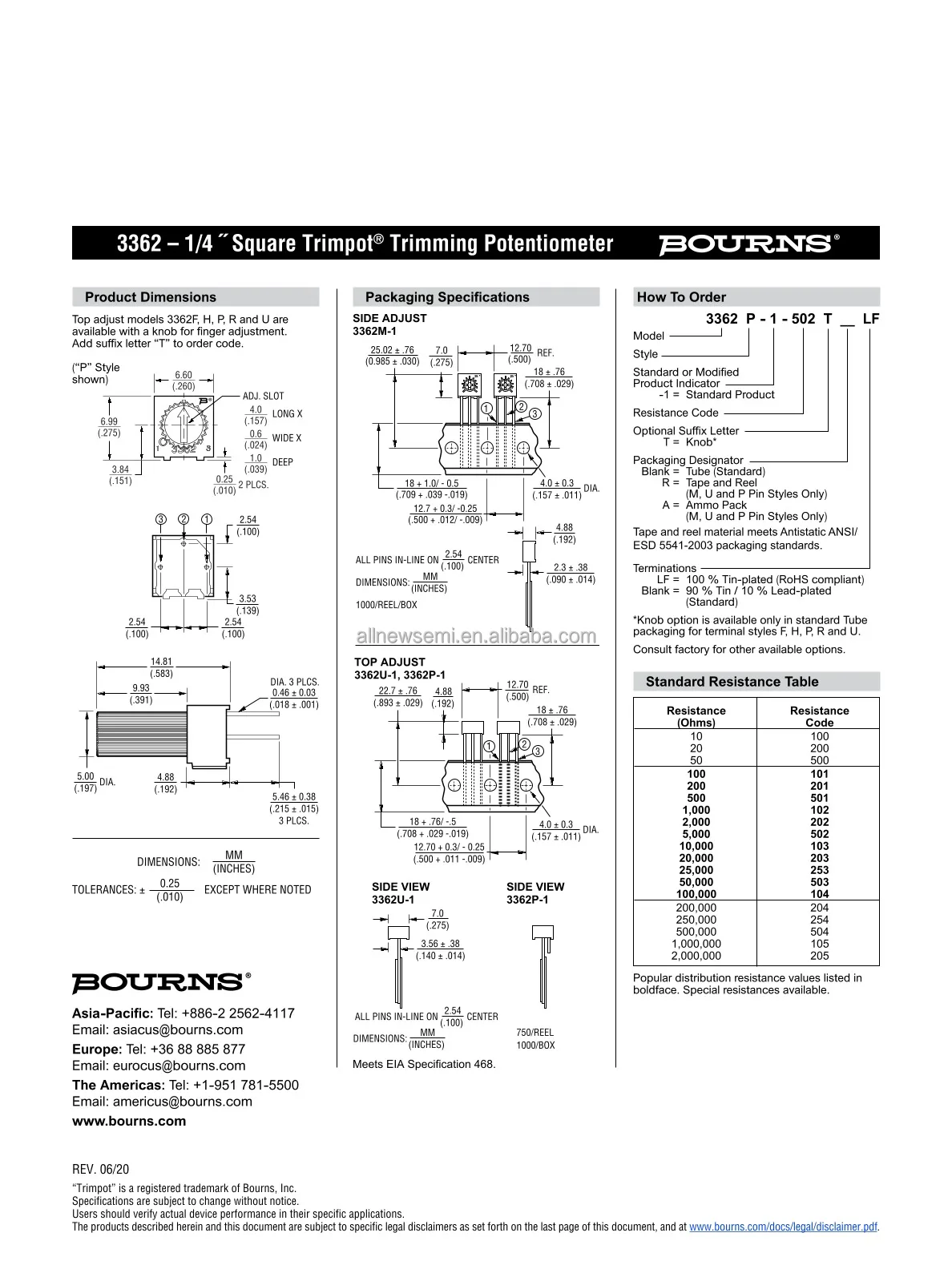 Hot sale Original 3362P-1-504LF Trimmer Potentiometer 500 kOhms 0.5W 1/2W PC Pins Through Hole Cermet 1.0 Turn Top Adjustment