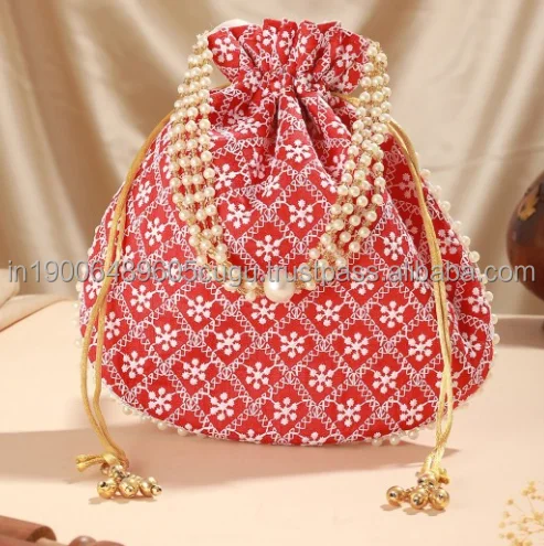 Chikankari Pattern Moti Handle Royal Batwa Bag Bridal Purse Women Handbag  Shagun Pouch Return Gifts for Ladies Women Wedding
