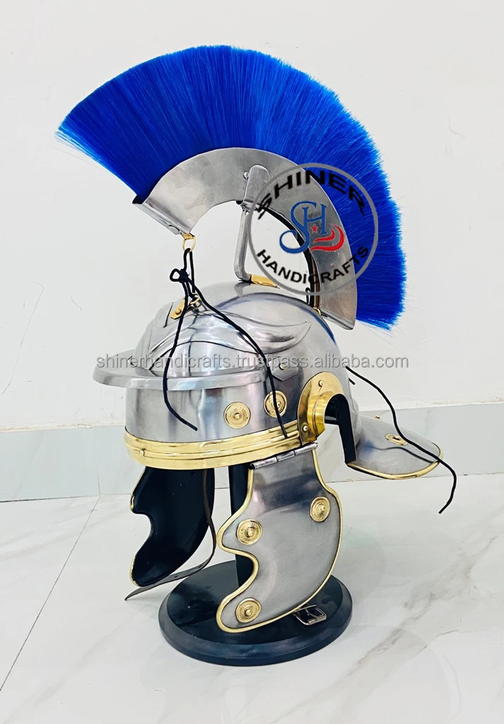 Medieval Roman Centurion Helmet Warrior Armor Metal Blue Plume With