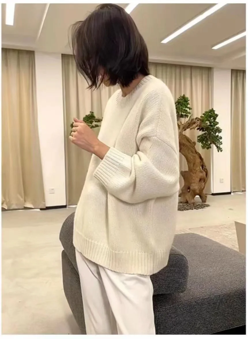 Hand Crocheted Oversized Sweater for Woman Winter Loose Knitted Pullover Crew Neck Long-sleeved Solid Comfortable Sweater