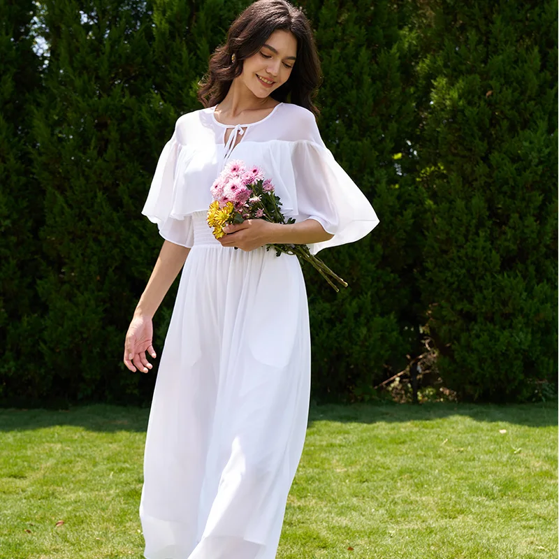 white christmas dresses Casual Chiffon Wedding Dress with Sleeves,Destination Dress for Engagement Photo Shoot,WD00774, US2 / Champagne