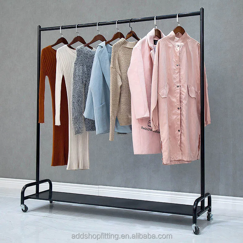 Steel Stainless Steel Metal Movable Wheel Shelf Rail Stand Clothes Display  Rack for Store Retail Showroom Shopping Mall Use