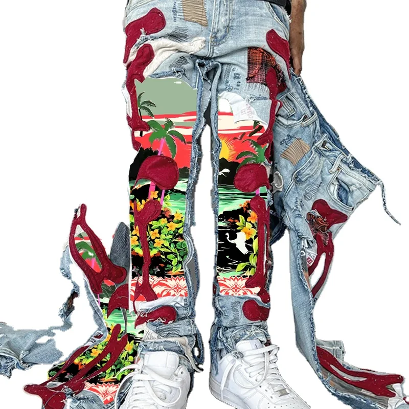 DiZNEW Custom Designer Acid Wash Glitter Stacked Jeans Pants Distressed Rip Vintage Jeans Streetwear Jeans