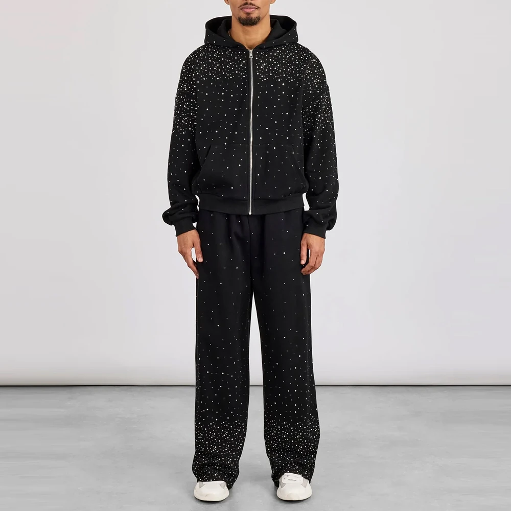 Glory Custom Logo Unisex Rhinestone 100% Cotton Premium Quality Tracksuit Custom Hooded Sports Set for Winter Streetwear