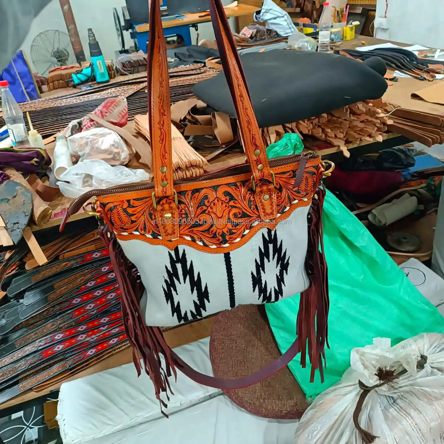 Western Style Cowhide Hand Tooled Leather Fringe Handbag Sling Bag