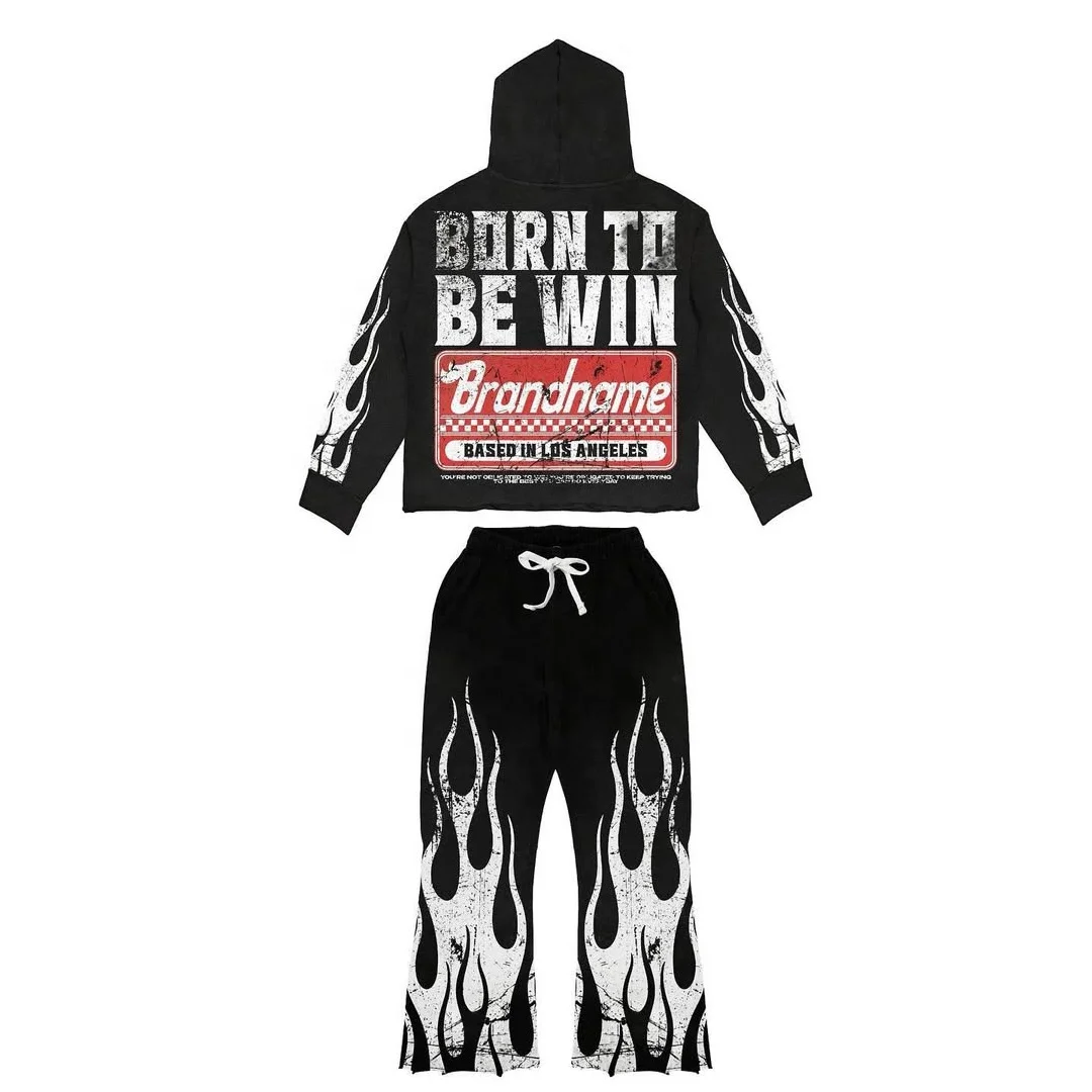 Custom Brand Name Flame Print Tracksuit Hooded Sweatshirt With Drawstring Pants Unisex Street Wear Spring Casual Outfit Set