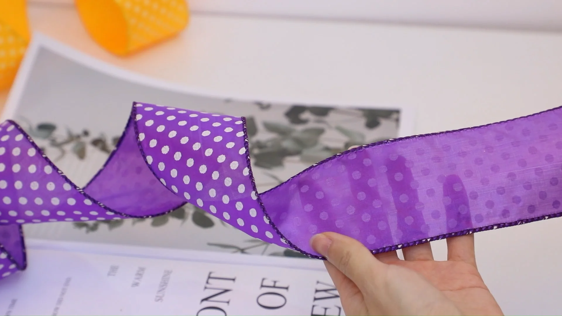 Polka Dot Custom Wide Ribbon With String Edge Polyester Ribbon Hemp