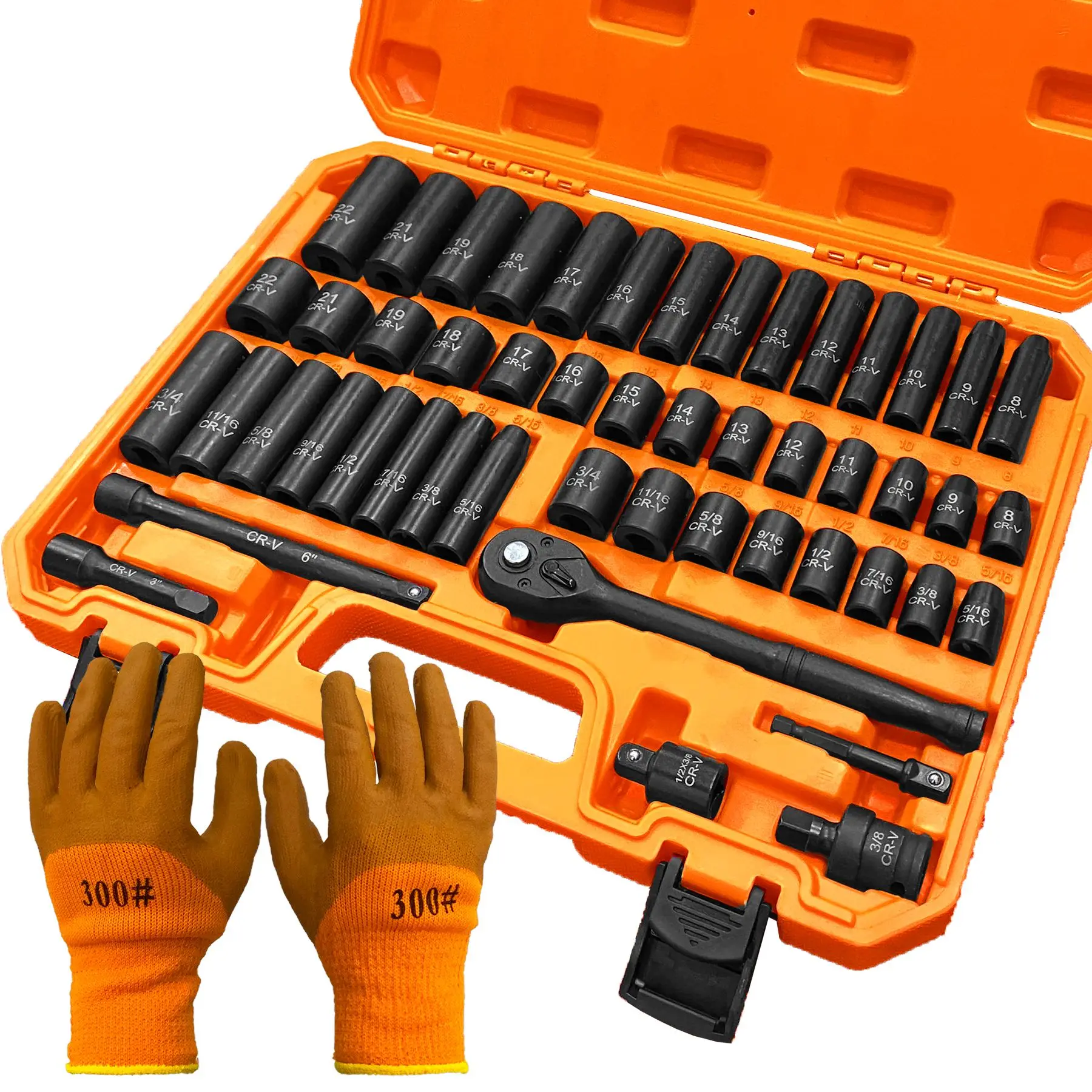 50pcs SAE (5/16\" 3/4\") Metric Impact Socket Set 3/8\" Drive 6-Point Design Ratchet Handle Extension Bar Gloves Includes Sizes