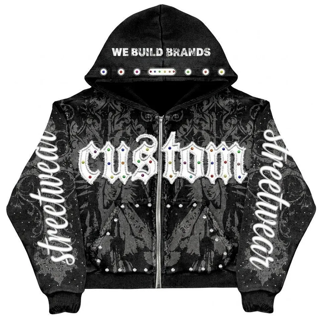 Custom Black Graphic Rhinestone Zipper Hoodie Trendy Streetwear Design Embellished Details Full Zip Stylish Wear For Unisex
