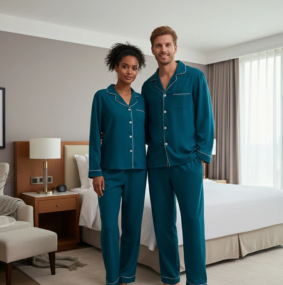 Luxury Couple Pajamas Set Long Sleeve Solid Teal Pajamas Unisex Soft Satin Sleepwear Two Piece Home Wear for Men and Women