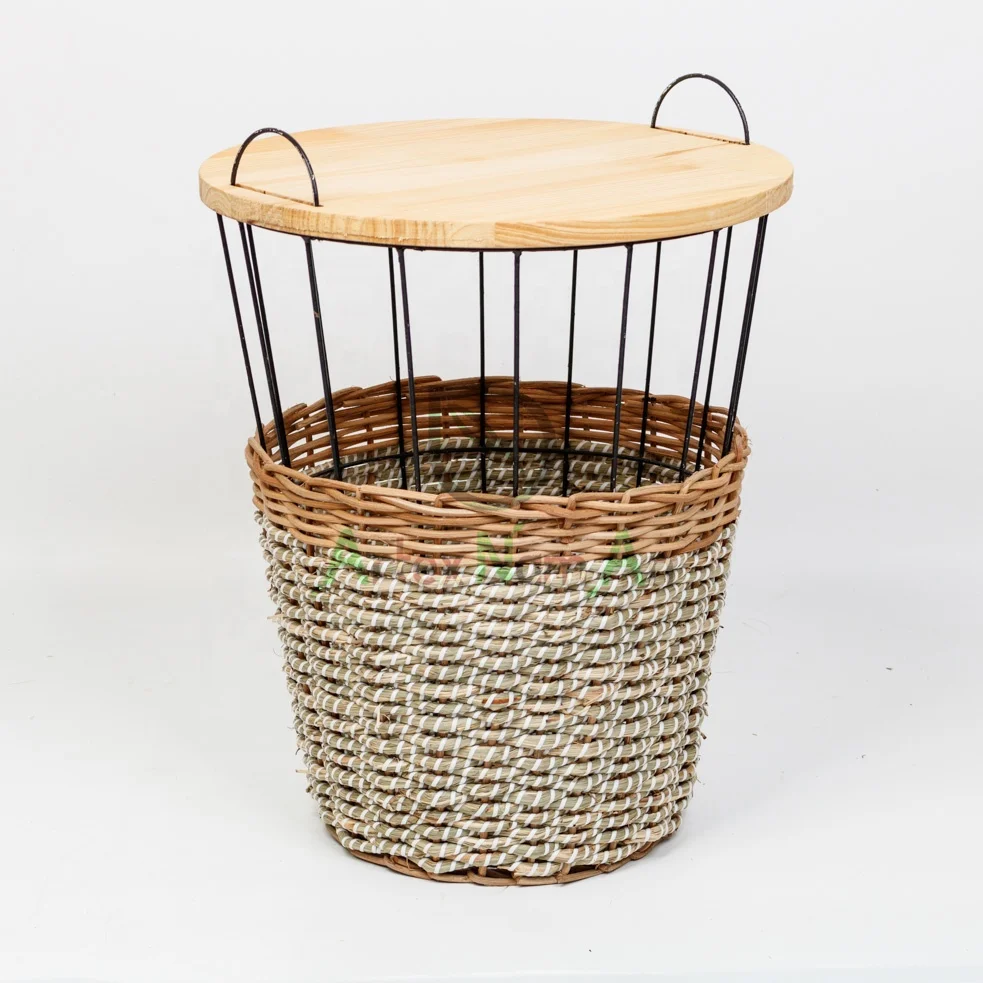 Seagrass Storage Basket Table/side Table With Removable Wooden Lid/living Room Furniture Modern
