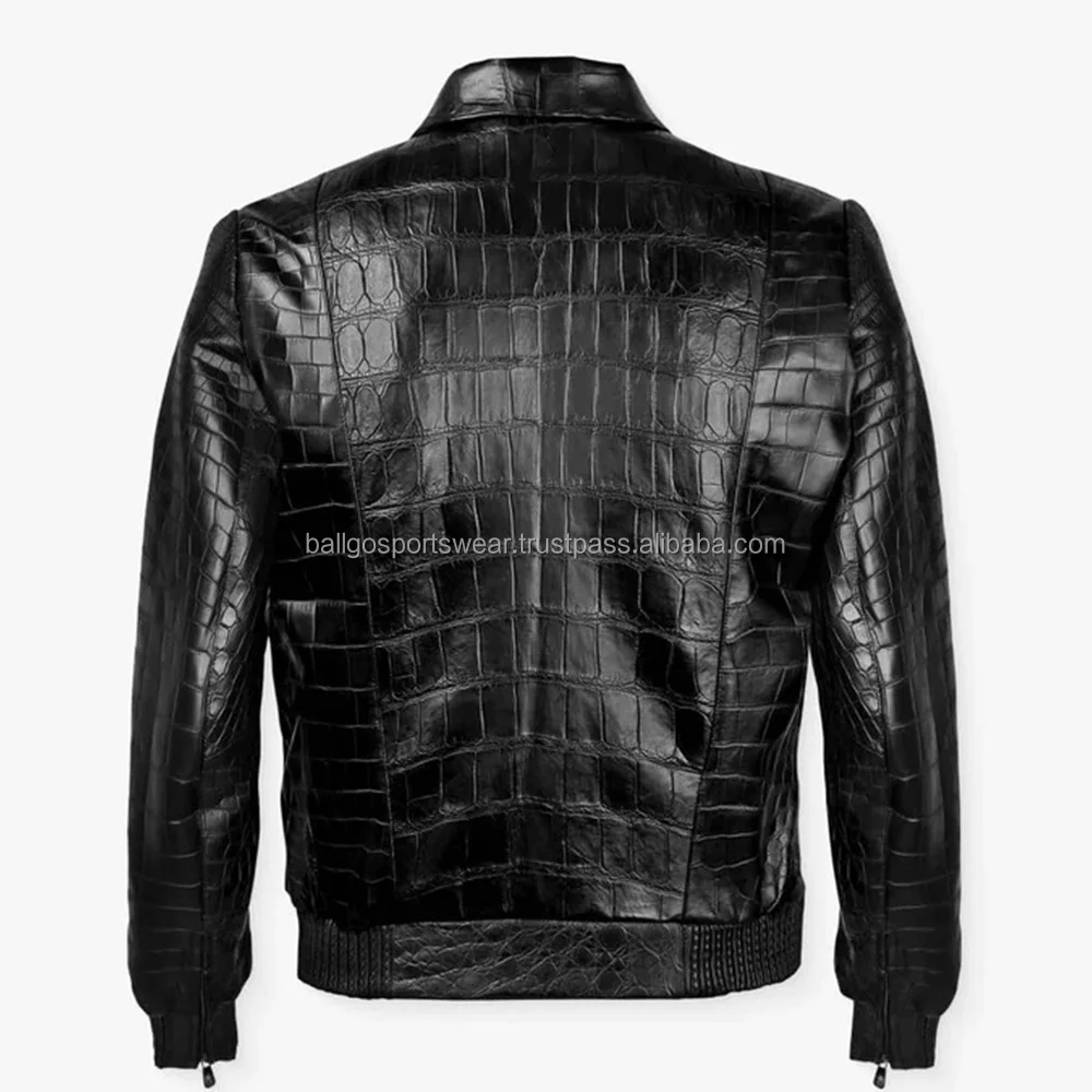 Men's Croc Leather Jacket New Crocodile Embossed Black Genuine Cowskin