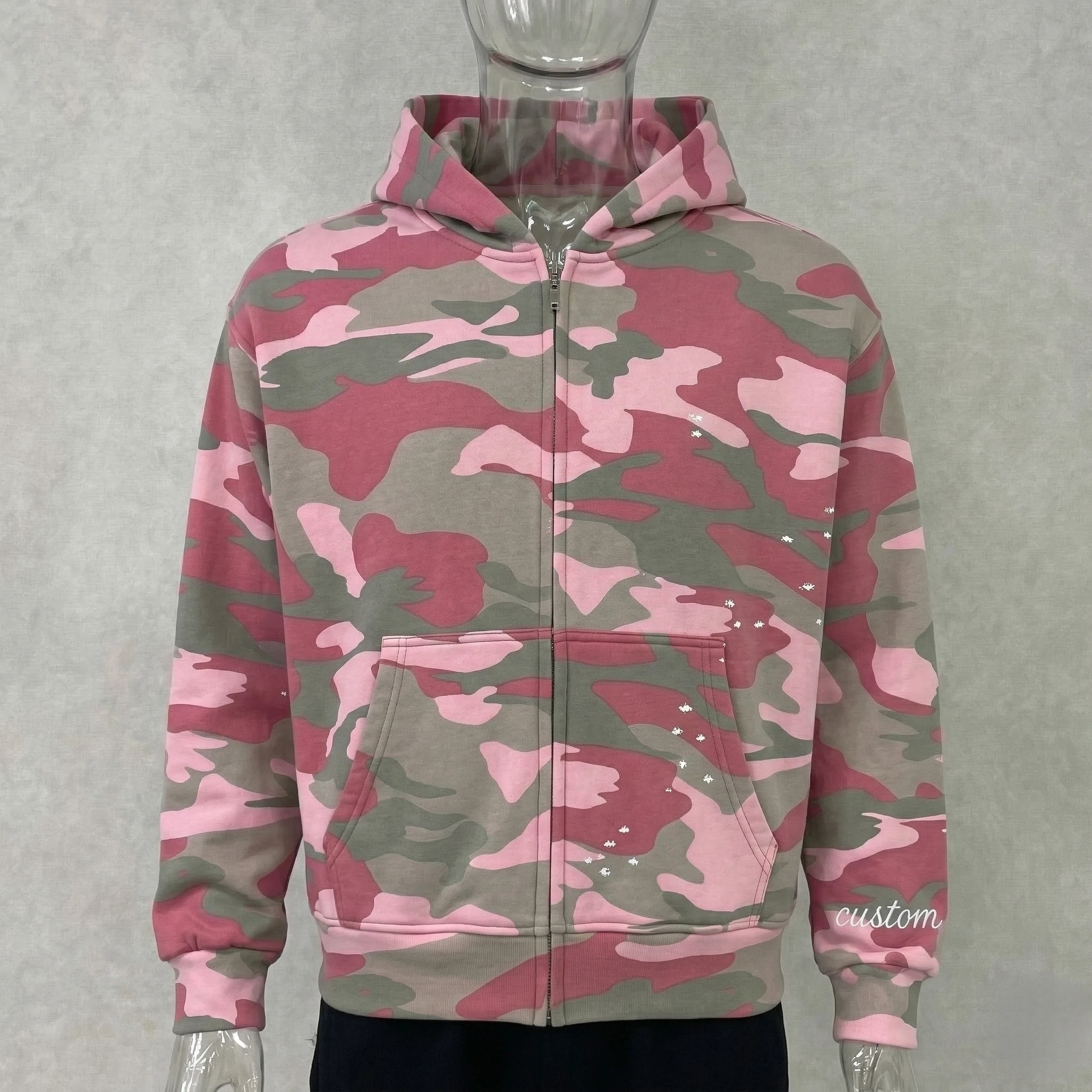 Glory Custom Screen Print Camo Zipper Up Oversized Hoodie Premium Quality Drop Shoulder Hoodie For Streetwear For Unisex OEM