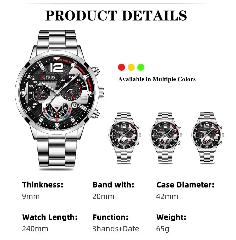 Fashion Mens Watches Luxury Stainless Steel Quartz Wrist Watch Calendar