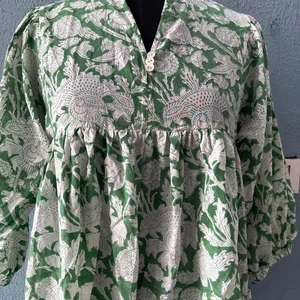 Ethically Handcrafted Block Printed Blouse Casual Indian Gauze Tunic with Floral Embroidered Pattern V-Neck Collar Tank Sleeves"