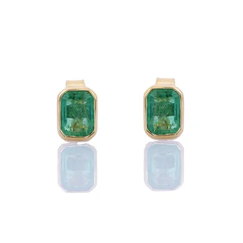 New Stylish Natural Emerald Octagon Shape Gemstone Earring 18K Fine Yellow Gold Stud Earrings For Men Women