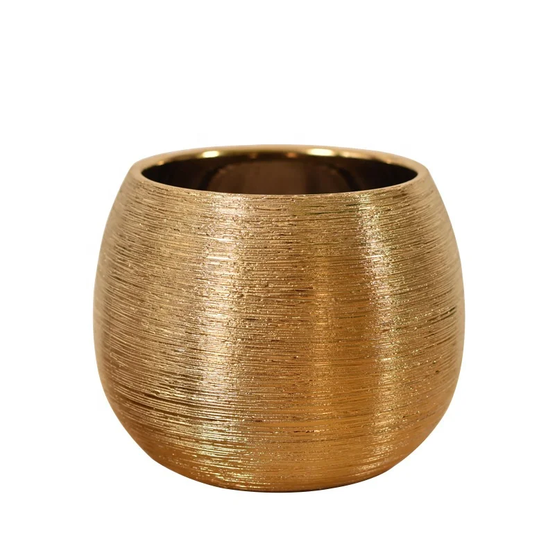 Nordic Display Ceramic Flowerpot Plant Vase Gold Plated Wire-drawing for Living Room Decoration