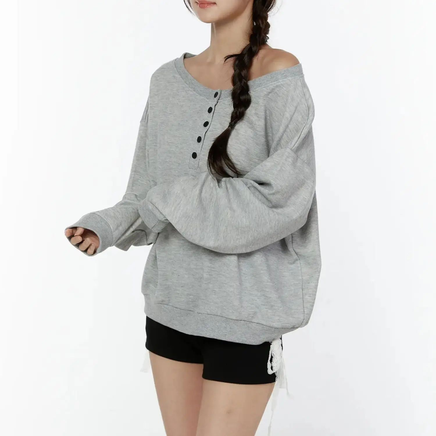 Womens Grey Heather Off Shoulder Sweatshirt Button Henley Long Sleeve Fleece Pullover Loose Slouchy Y2K Casual Streetwear Jumper