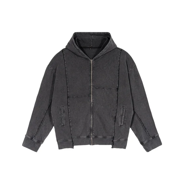 2026 New Retro Vintage Hooded Sweatshirt, Heavyweight Pure Cotton, Staggered Splicing, Loose Fitting Washed Sweatshirt
