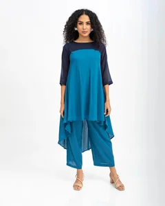 Women's Casual Solid Georgette Ethnic Top O-Neck Kurta with Asymmetrical Hem and Slit Tie Dye Embellished for Summer Season