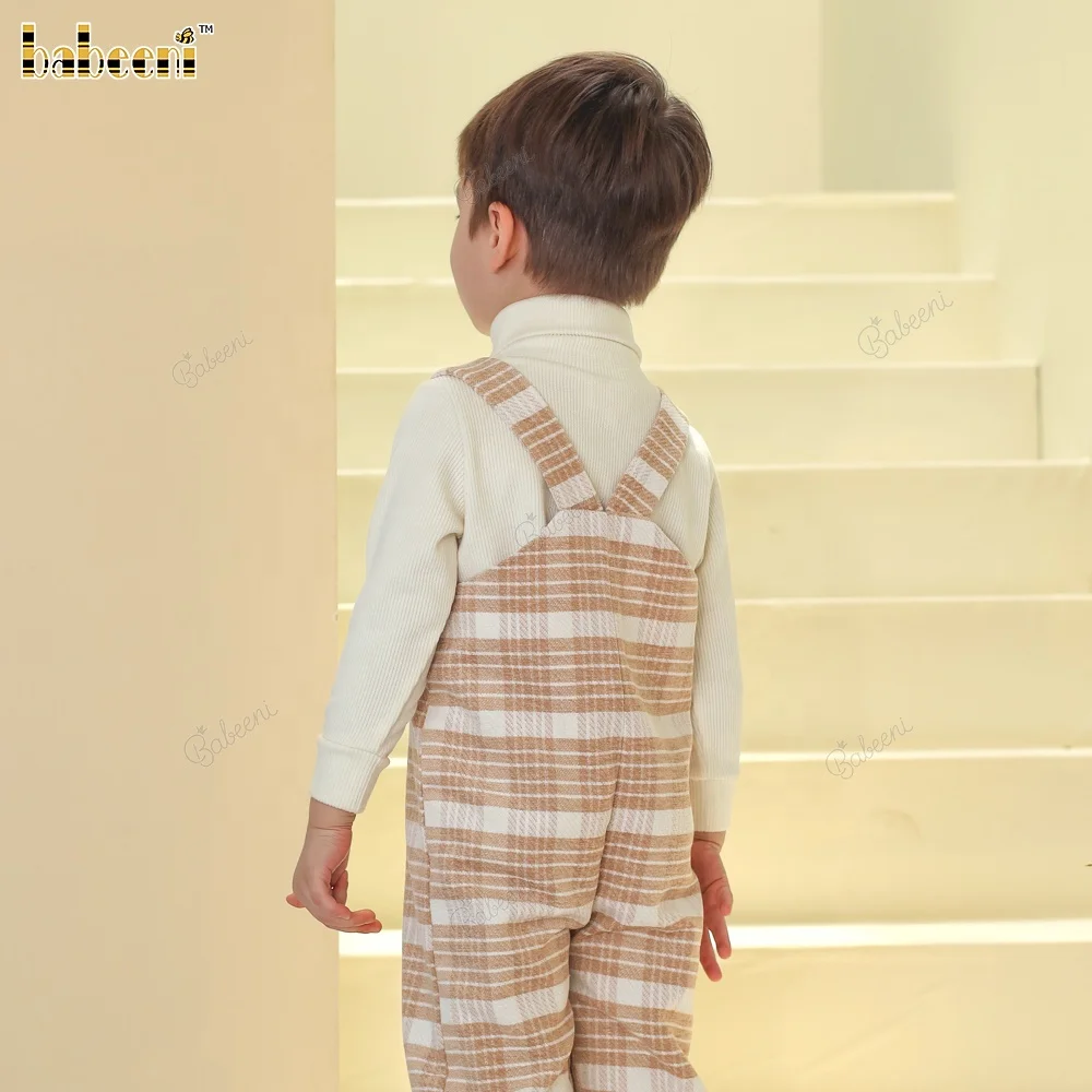 Plaid Wool Longall Boy Set with Smocked Panel and Ribbed Turtleneck ODM OEM boys clothing set wholesale baby romper - BC1340