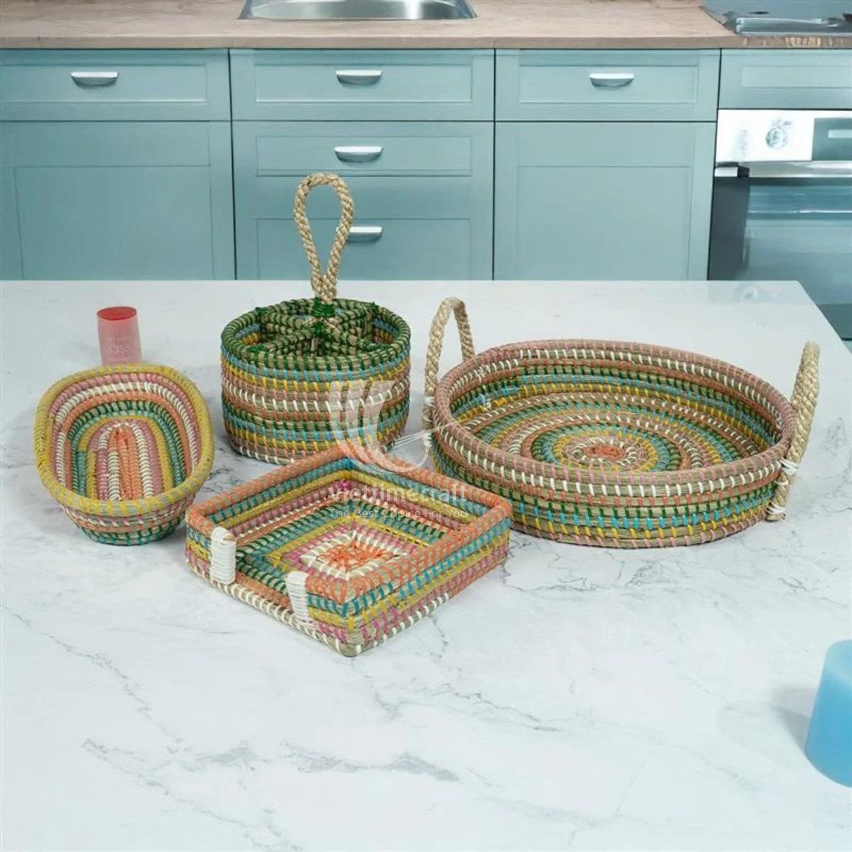 Set Colorful Handwoven Seagrass With Plastic String Kitchen Basket Set ...