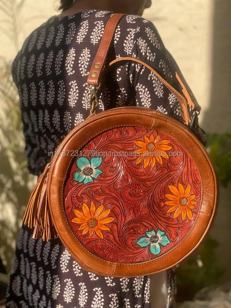 Stylish Western Style Tooled Leather Canteen Bag Handbag High Quality