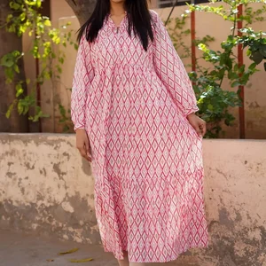 Autumn/Winter Long Gown Hand Block Printed Indian Cotton Dress 100% Cotton Solid Pattern Eco-Friendly Long Maxi Dress