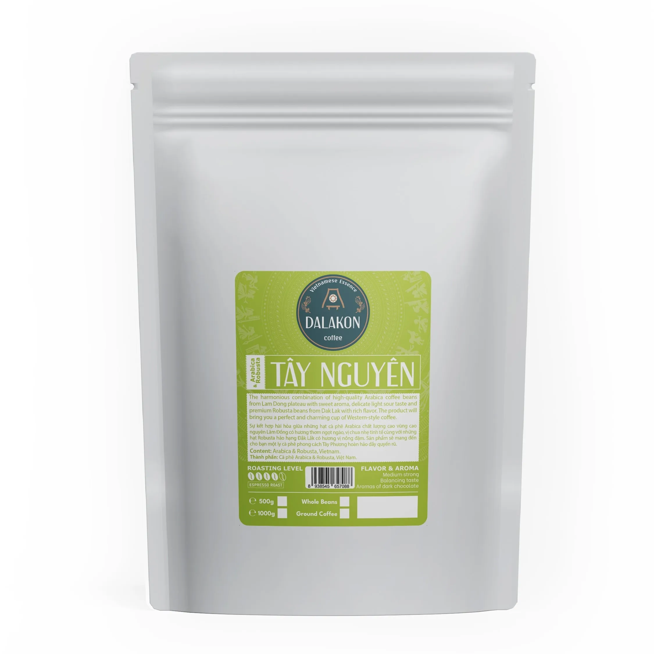 Tasty DALAKON Tay Nguyen Whole Bean Coffee Italian Roast Liberica Blend Mellow Taste Grade 1 500g Bag 24 Months Shelf Life