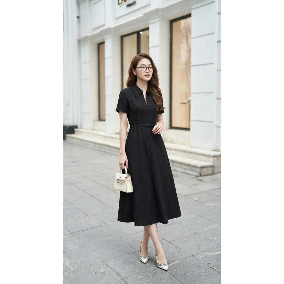 Elegant Women Office Midi Dress With Belt Short Sleeve A Line Black Formal Dress High Grade Women Dresses