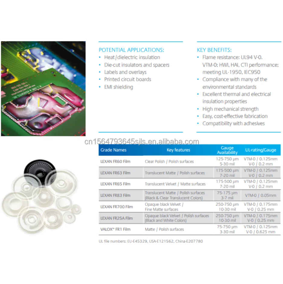 SABIC 혁신적인 플라스틱 Lexan FR65 폴리카보네이트 필름 난연 FR63 FR60 FR83 FR1 FR700 FR25A ...