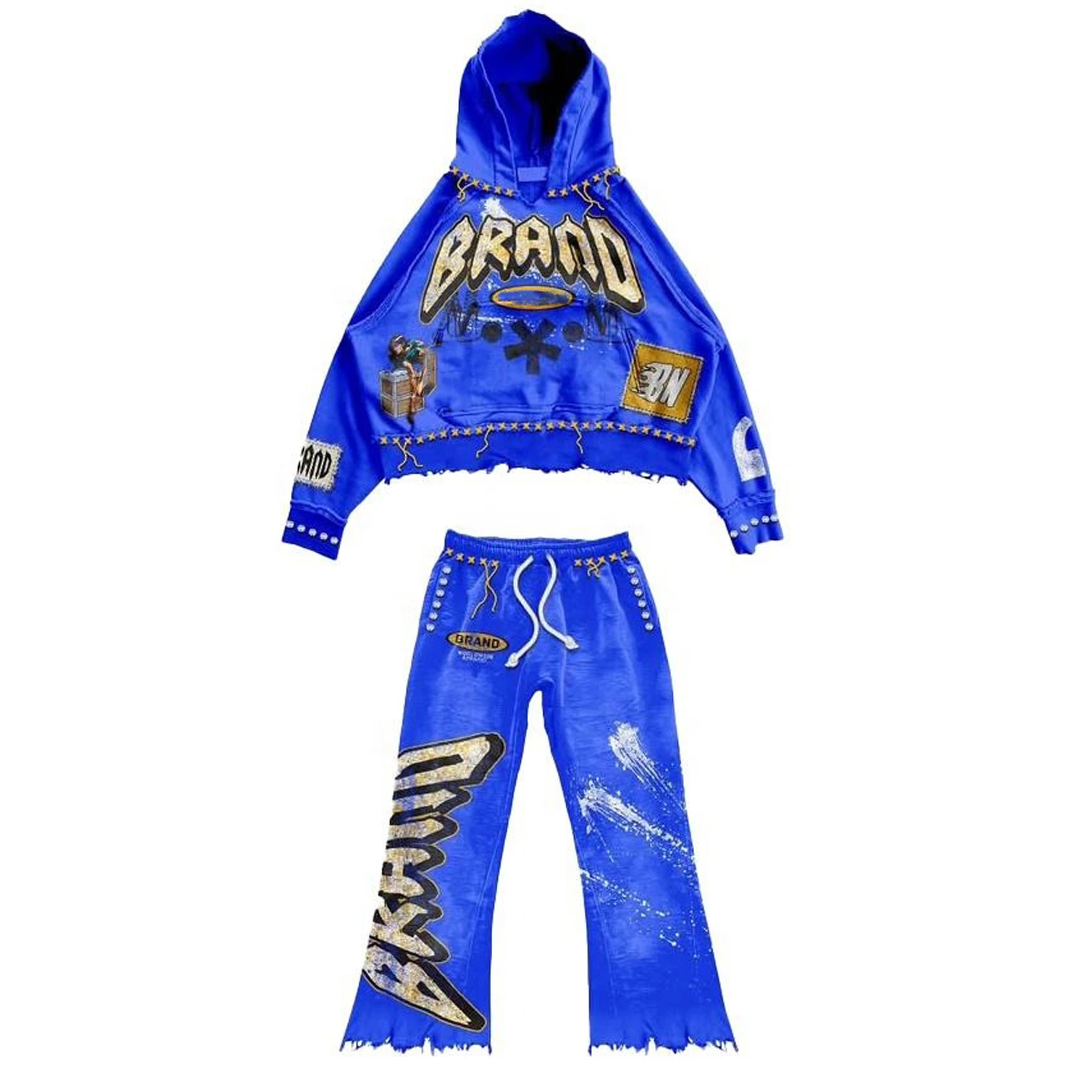Glory Custom Men Streetwear Tracksuit Vintage Graphic Heavyweight Fleece Crop Hoodie Flare Pants 2 Piece Set