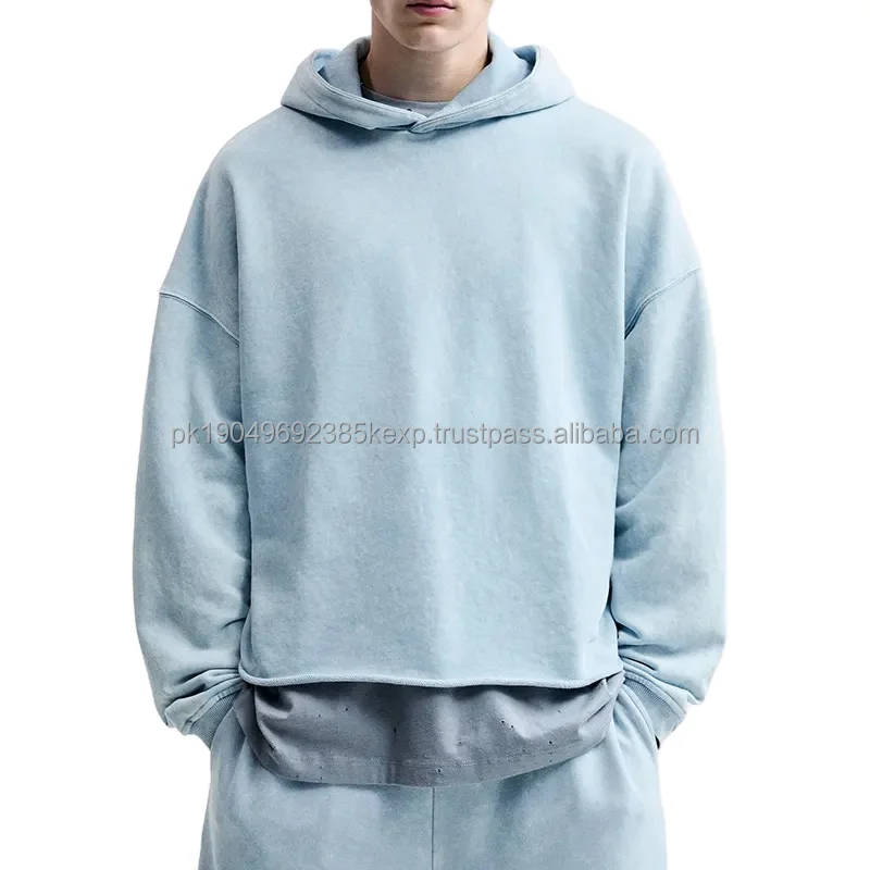Light Blue Wholesale Drop Shoulder Boxy Fit Hoodie Vintage Raw