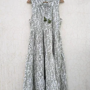 Women Cotton Summer Dress Hand Block Print Tier Dress Mandarin Collar Sleeveless Floral Print Partywear Long Maxi Dress