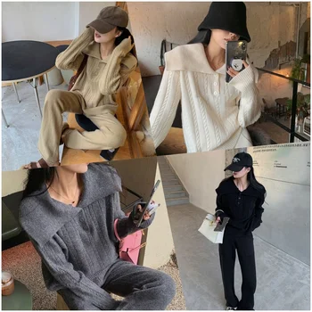 New high quality autumn and winter knit crew neck long sleeve sweater top and patchwork pants women's two-piece pants