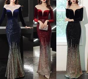 2026 Hot-Product Luxury Women's Embroidery Sequins Beaded Mermaid Evening Dress High Slit Elegant Slim Flannel Elastic Parties