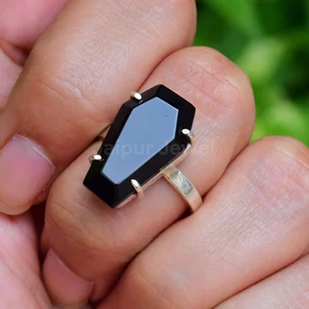 Black Onyx Coffin Bohemian Ring 925 Sterling Silver Ring, Wholesale Bulk, Black Onyx Gemstone Ring