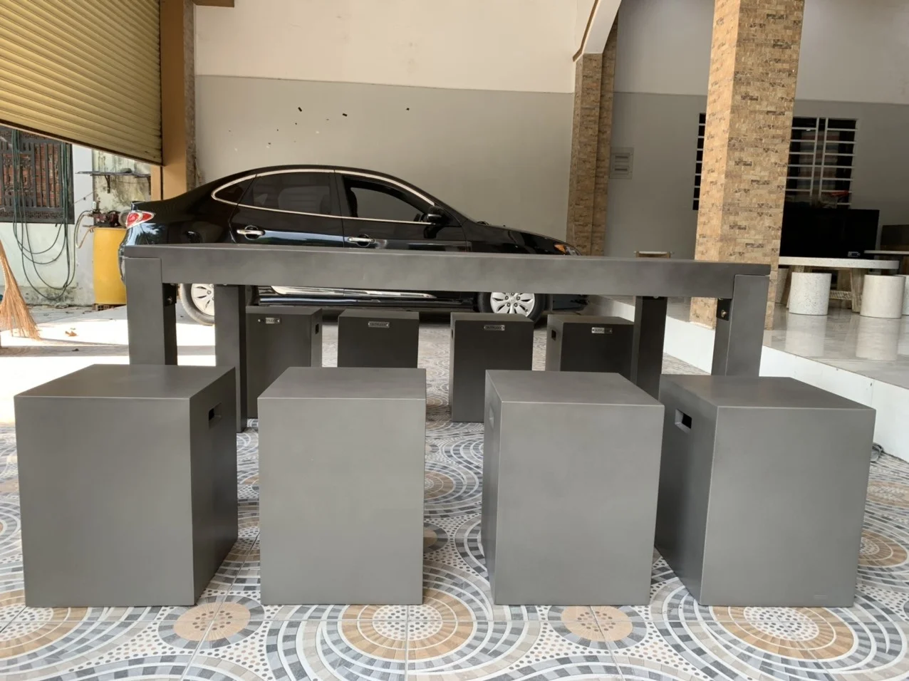 Concrete Table And Chair Set Modern Style 4 Benches For Multiple People