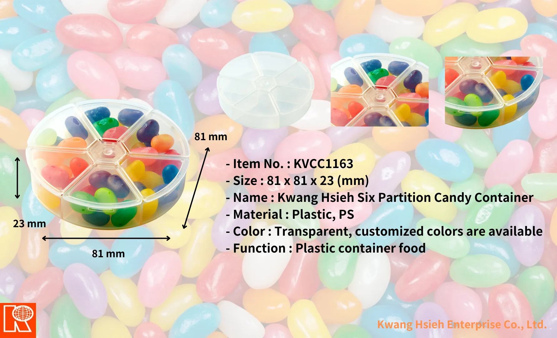 Kwang Hsieh Six Partition Candy Box Style Round Plastic Food Container