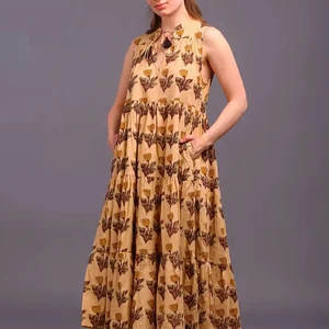 Women's Hand-Block Printed Cotton Dress Solid Pattern Maxi Length Tier Dress Made From 100% Cotton Autumn/Summer Season