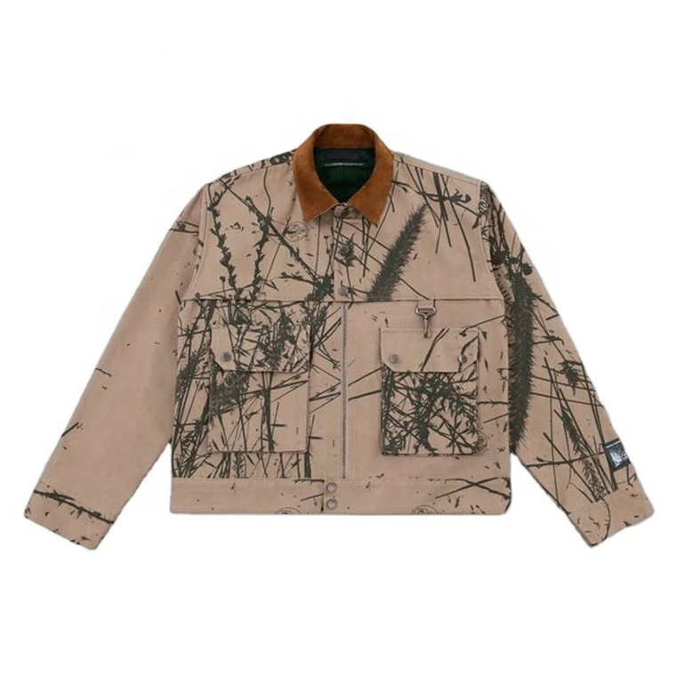 Custom Graphic Print Jacket With Corduroy Collar Multi Pocket Streetwear Casual Outerwear For Unisex Comfort Wear
