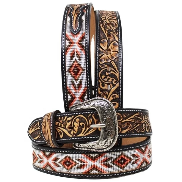 Luxury Genuine Cow Leather Western Aztec Beaded Belt Floral Hand Carved Design At Best Price For
