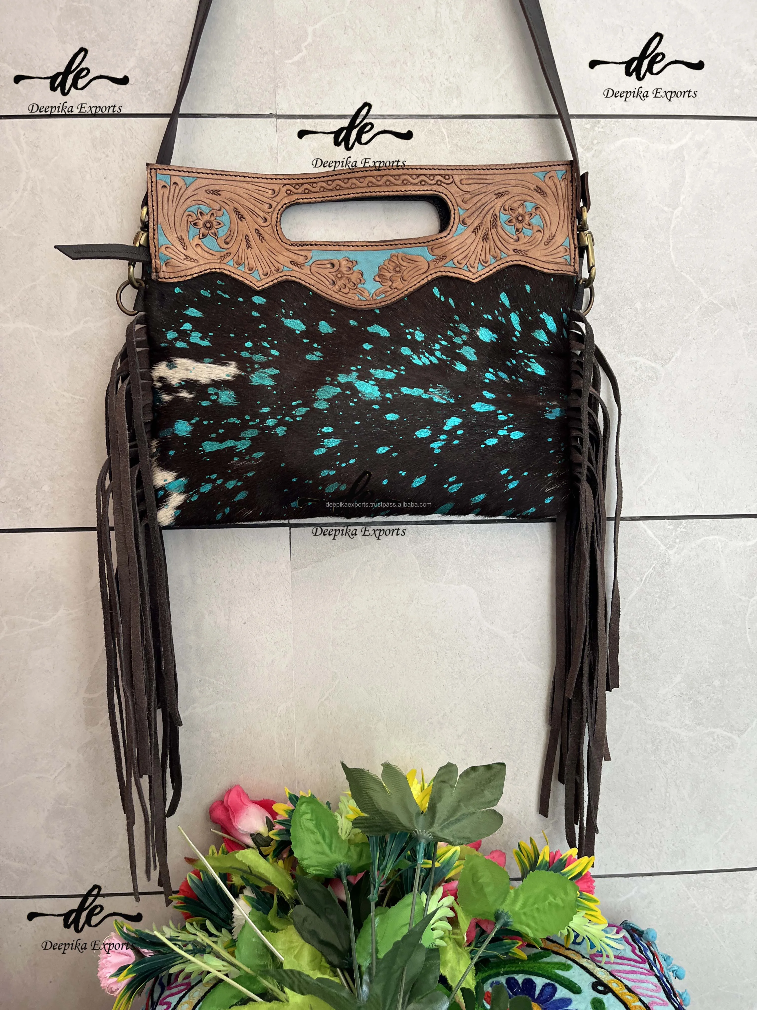 Metallic Fur Leather Fringe Handbag Hand Tooled Carving Sling Shopping