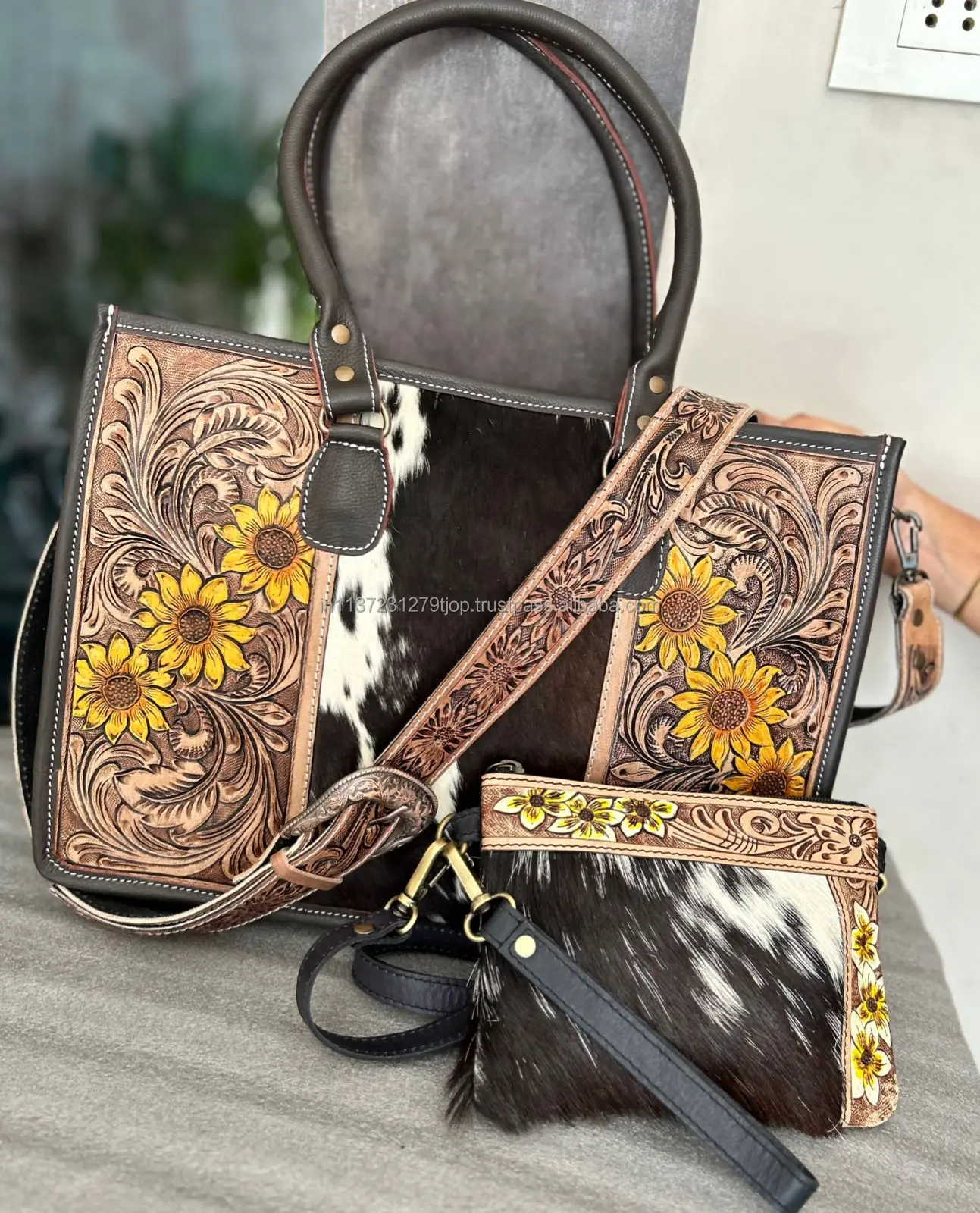 Handcrafted Western Style Tooled Hair On Hide Fur Leather Handbag Women ...