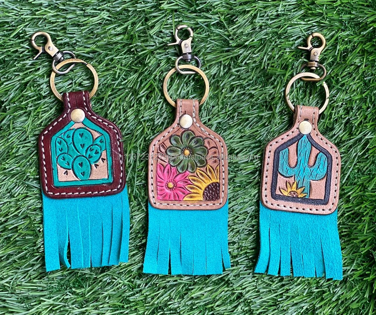 Hand Carved Tooled Leather Key Chains Cute Exotic Shape Leather Key
