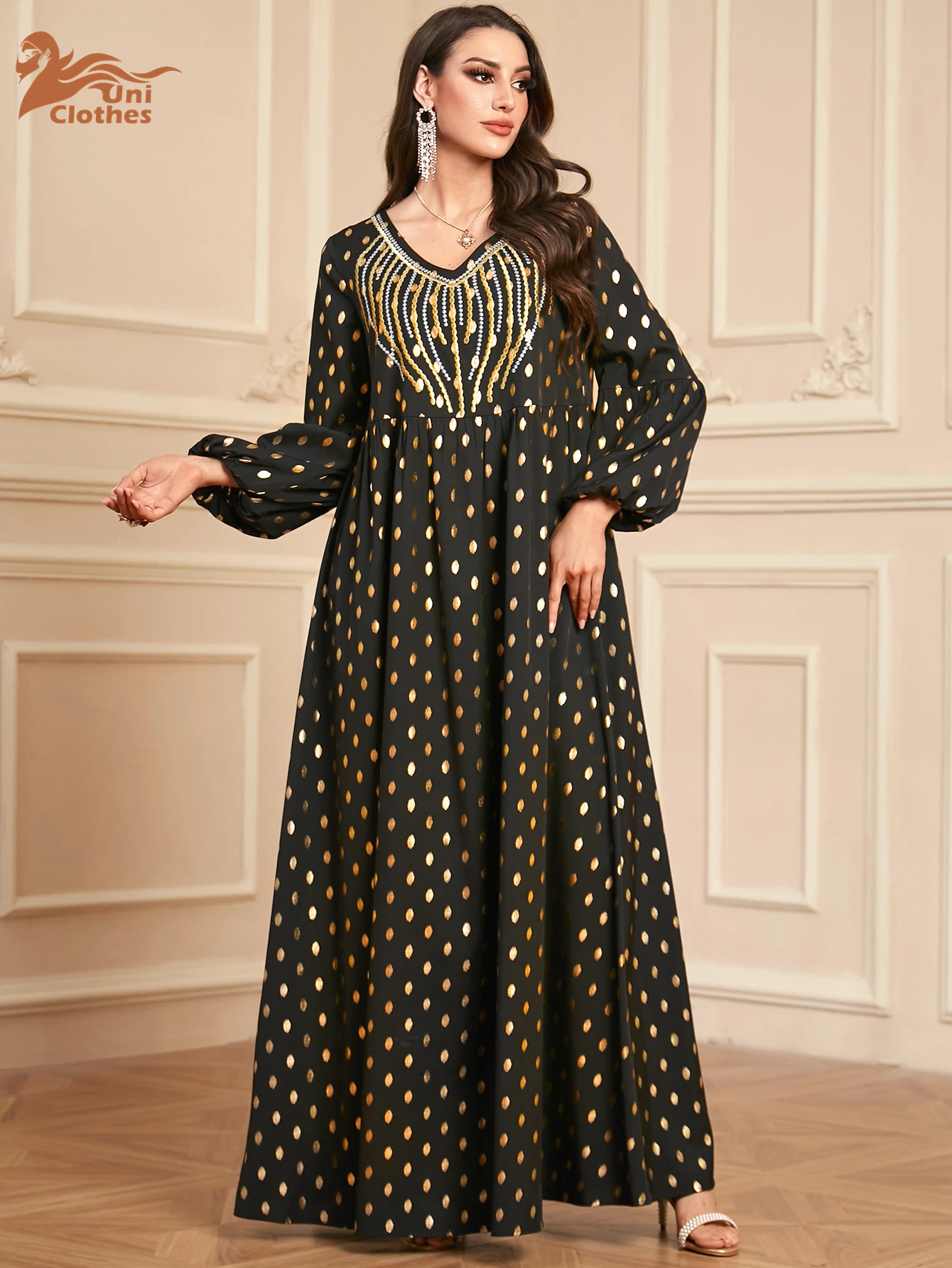 XL-4XL Women Elegant Muslim Long Dress Party Evening Charm Embroidery Maxi  Robe V-neck Long Sleeve Dress Islamic Clothing